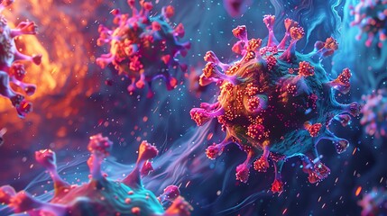 Obraz premium Create a visually striking depiction of a virus mutation process, evolving shapes, colorful transformations, scientific context