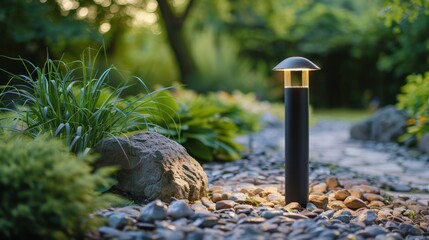 Obraz premium Elegant LED outdoor light post in a beautiful residential rockery garden, close-up view, highlighting the blend of technology and nature