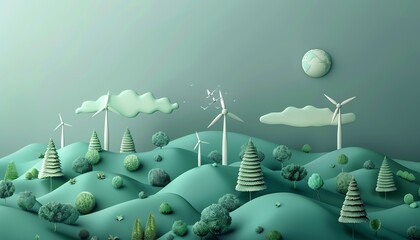 Design eyecatching graphics for green marketing initiatives, highlighting renewable energy, lush landscapes, innovative ecosolutions