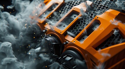 Fototapeta premium Dramatic close-up of orange audio gear, electric shockwaves radiating, smoke enhancing the dynamic look, isolated background for impact