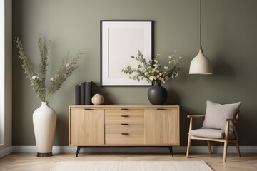 Olive Green Minimalist composition of living room interior , blank poster frame, woden sideboard