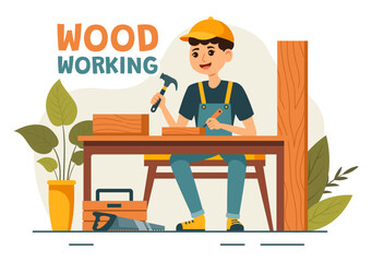 Woodworking Vector Illustration featuring Modern Craftsmen and Workers Producing Furniture Using Tools, Presented in a Flat Cartoon Style Background