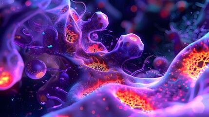 Miniature Lifeforms Magnified Intricate Cellular Structures Revealed in a NeonTinged Laboratory