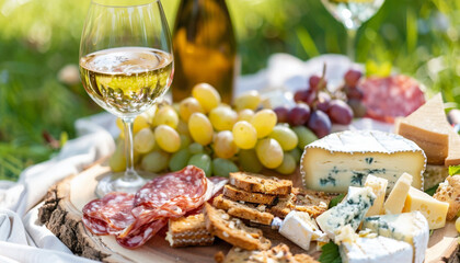 picnic with white wine served outside with cheese and charcutier