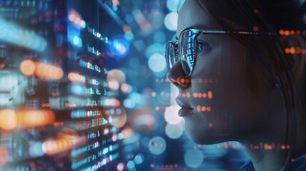 Software, coding hologram and woman on tablet thinking of data analytics, digital technology and night overlay. Programmer or IT person in glasses on 3d screen, programming and cybersecurity research