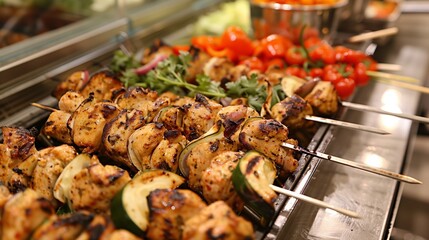 A tantalizing display of grilled chicken kebabs and farm-fresh vegetables, promising a flavorful...