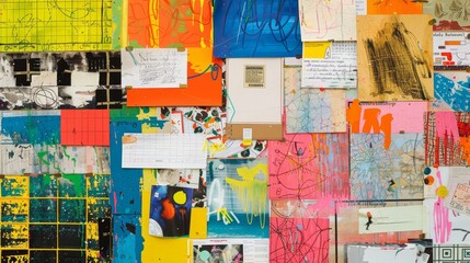 Close-up view of a colorful bulletin board, filled with artwork and announcements, representing the energy and creativity of the community