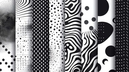 Set of black and white seamless patterns with dots, halftone and geometric textures. Abstract background for design. Vector illustration