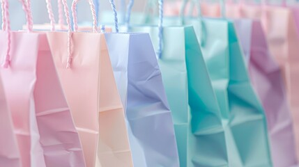 Close-up row of pastel-hued gift bags, isolated background with soft studio lighting, perfect for creating appealing advertising visuals