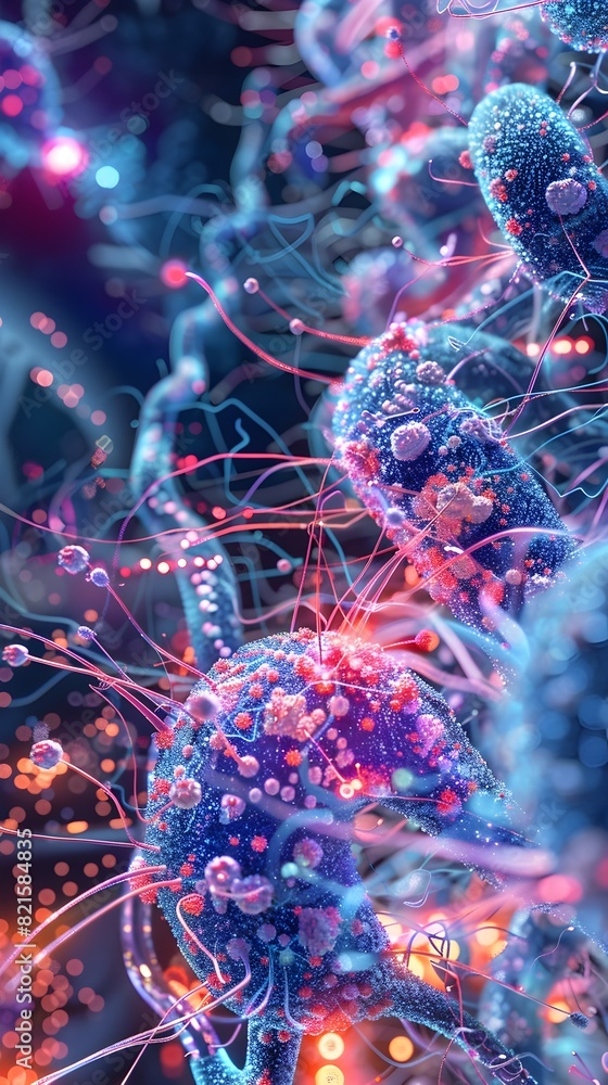 Poster captivating microcosm a d rendered of alienlike microbes and cellular structures in a neonlit