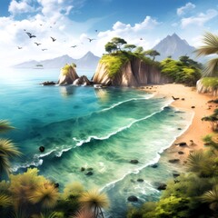 A serene, image of a tranquil green sea with gentle waves lapping at the shore