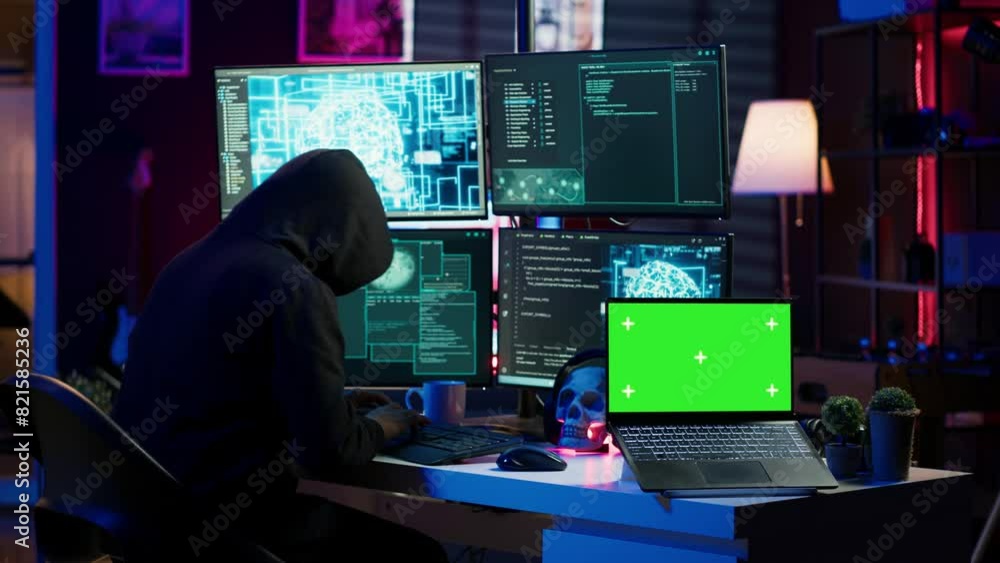 Poster hacker in hidden place using green screen laptop to deploy malware on unsecured devices, stealing se
