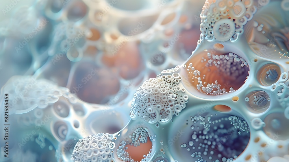 Poster serene contemplation a d rendering of the everevolving forms of microorganisms through a zen