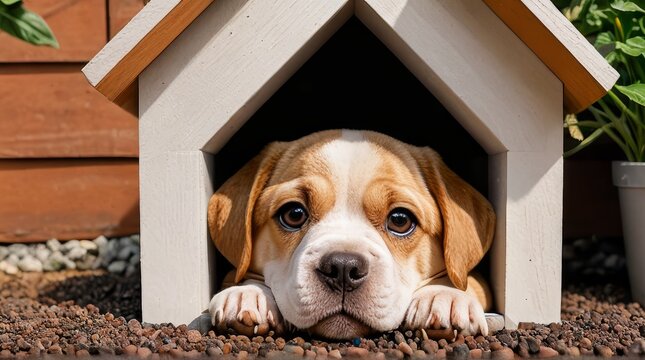 A cute white and brown chihuahua puppy in various settings: a cage, a garden, and in front of a house