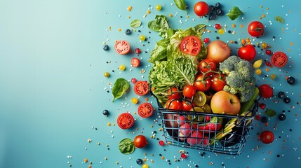 Veggies and groceries in a shopping cart with space for an advertisement against a blue backdrop, Generative AI.