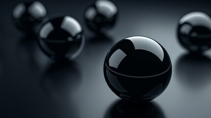 Sleek black spheres on a glossy dark background in a reflective setting.
