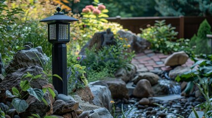 Close-up of LED outdoor light post with a beautiful rockery garden backdrop, residential garden scene, showcasing ambient lighting