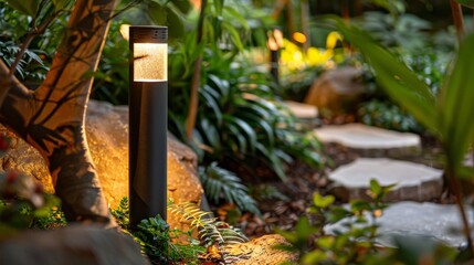 Obraz premium Close-up of LED outdoor light post with a beautiful rockery garden backdrop, residential garden scene, showcasing ambient lighting