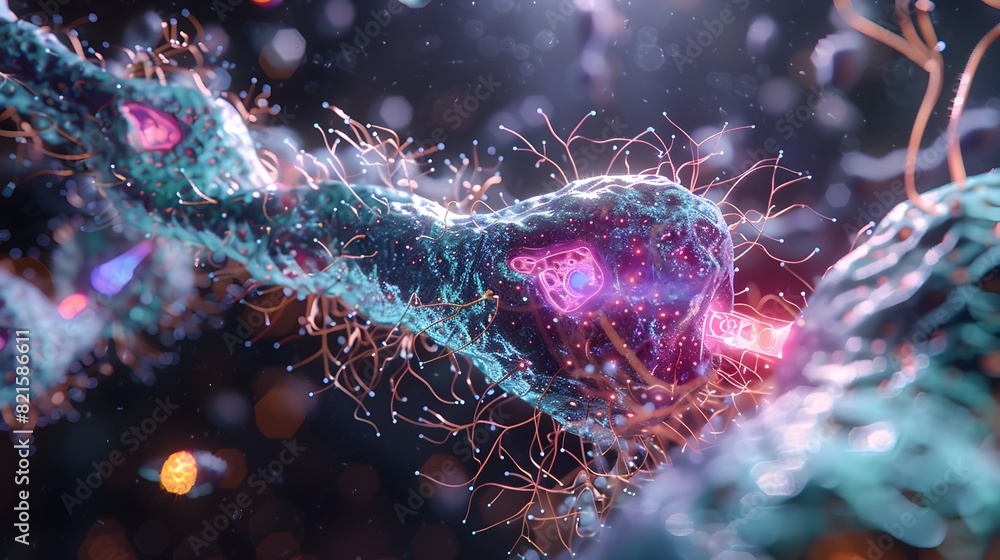 Poster vibrant singlecell lifeform pulsating with chromatic activity in a surreal microscopic encounter