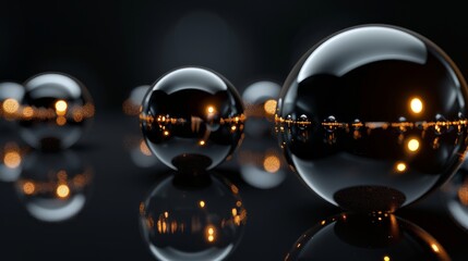 Reflective spheres with golden lights on dark background.