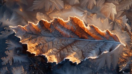 Frosty Autumn Leaf with Ice Crystals. Close-up of an autumn leaf outlined with frost and ice crystals, highlighting the warm colors and intricate patterns of the leaf.