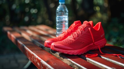 Close-up of fresh red running shoes and a water bottle on a wooden bench, isolated background with studio lighting, perfect for athletic advertising