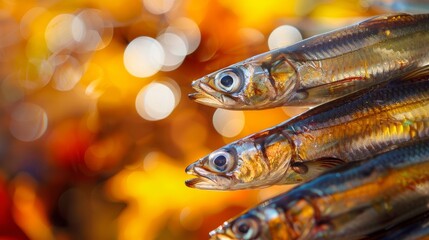 Close-up of fresh golden smoked smelt on a beautiful autumn-themed background, vibrant colors highlighting the fish, perfect for food advertising