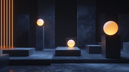 minimalist modern installation with glowing orange spheres on dark platforms.