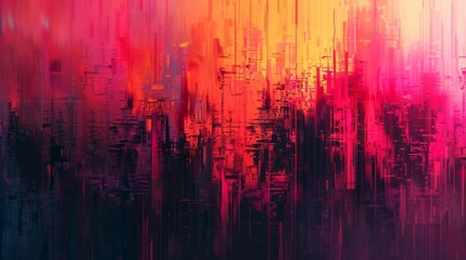 Abstract digital cityscape with red and blue glitch effects.