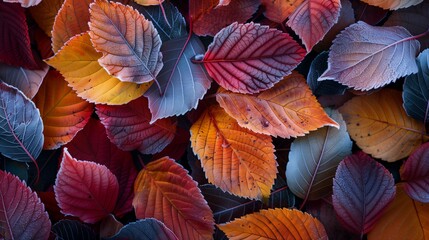Fototapeta premium Macro View of Frosty Colorful Leaves. Close-up of a collection of colorful leaves covered in frost, showcasing the detailed textures and vibrant fall colors.