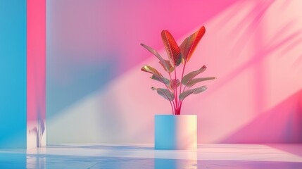 Tropical plant in a minimalist pink and blue room.
