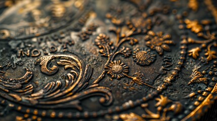 Close-Up of Intricately Engraved Vintage Coin. Macro photograph of a vintage coin with intricate engravings, showcasing the fine details and aged appearance of the metal.