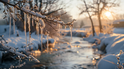 Icicles on Tree Branch at Sunset. Close-up of icicles hanging from a tree branch, illuminated by the warm light of the setting sun over a snowy landscape.
