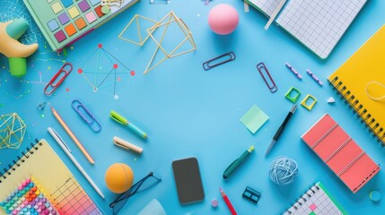 top view of colorful stationery, books with math equations and geometric shapes on blue background