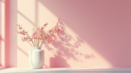 Vase with pink flowers on a sunny windowsill.