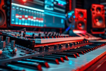 A Digital Music Production Studio with Keyboards, Mixing Consoles, and Software