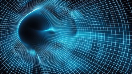 vector illustration of blue grid lines forming the shape of an wormhole, dark background, solid colors