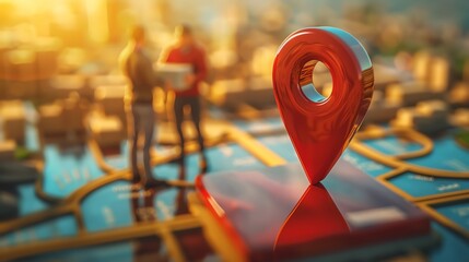Close-Up of a 3D Red Map Pin with Delivery Concept, with a delivery man and customer exchanging a package and friendly conversation, 