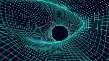 vector wireframe background of wormhole on black, blue and teal colors, vector grid lines
