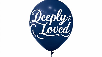 A navy blue balloon with the phrase "Deeply Loved" in a classic, embossed font, the rich color and heartfelt message conveying a sense of depth and sincerity against the white background.