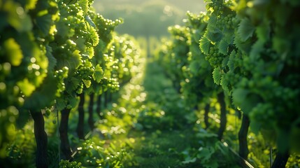 Lush Green Vineyard Rows in Summer. Lush green vineyard with rows of grapevines basking in summer...