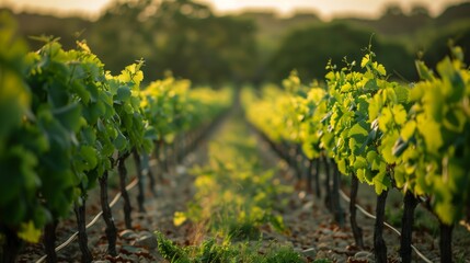 Sunlit Vineyard Rows at Dusk. Sunlit vineyard rows at dusk with vibrant green leaves, creating a tranquil and picturesque agricultural scene.