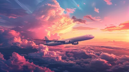 commercial airplane gliding through a dreamy sky filled with pink and purple clouds at sunrise.