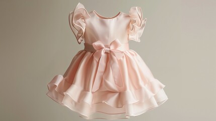 A pastel pink baby dress with ruffled sleeves and a satin sash, the gentle color and feminine touches creating a sweet and girly look.