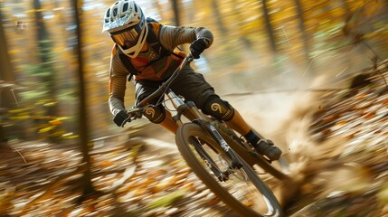 Naklejka premium Mountain Biker Racing Through Forest Trail. Mountain biker speeding through a forest trail, capturing the thrill and excitement of off-road cycling.