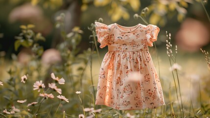 A peach baby dress with flutter sleeves and a floral print, the soft shade and blooming pattern reminiscent of a garden in full bloom.