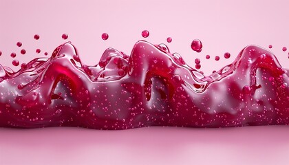 An attractive image of crimson strawberry jam or confiture flowing on light pink background with room for advertisement, Generative AI.