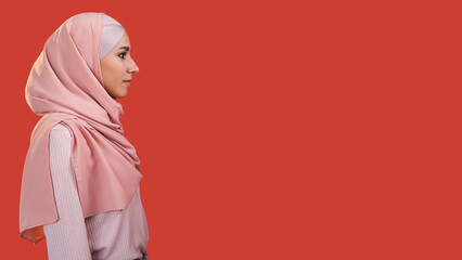 Muslim woman. Islamic beauty. Profile of confident religious girl in casual hijab headscarf...