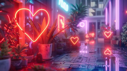 vibrant, neon-lit urban alley filled with heart-shaped signs, plants, and a romantic atmosphere.