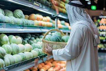 Saudi Gulf Arab man wearing a shemagh and white traditional dress, selecting the best types of melon fruit in the basket, in the supermarket background.